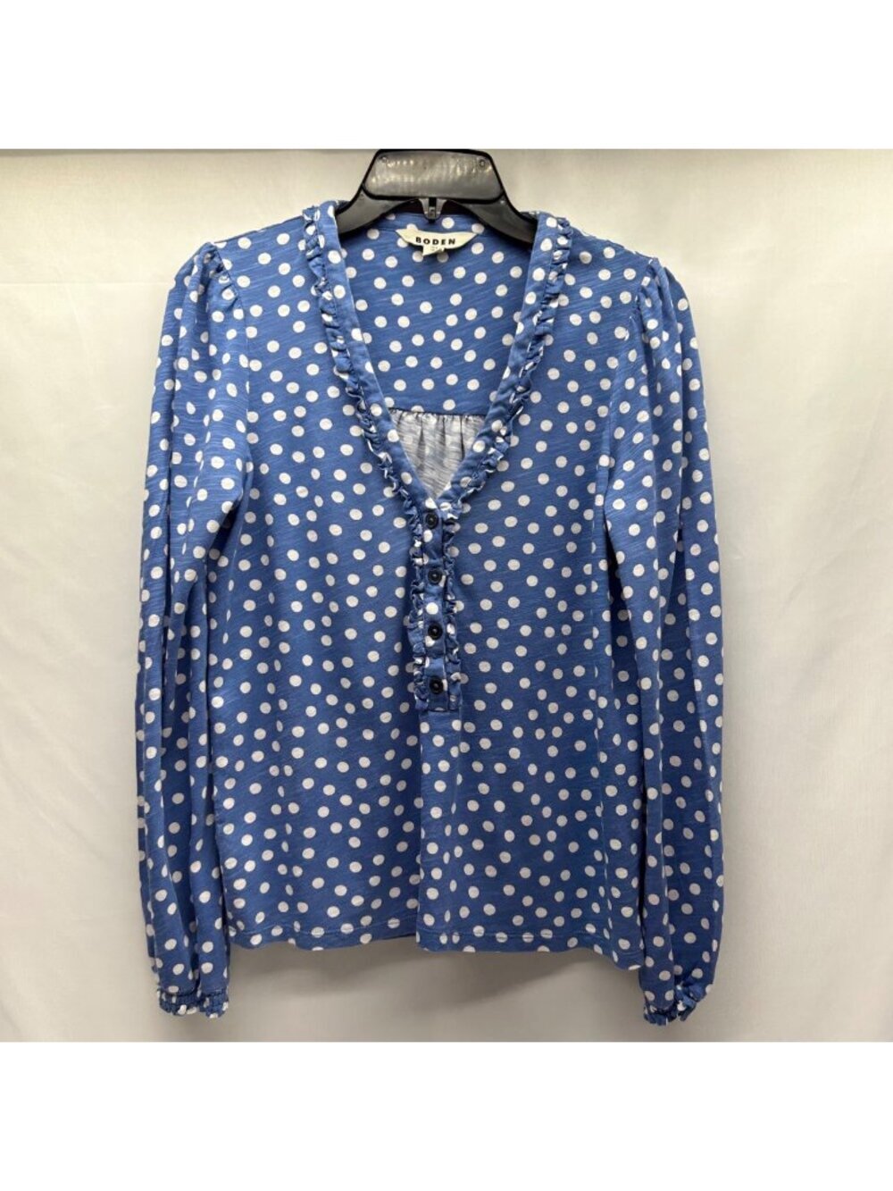 Boden Blue Polka Dot Long Sleeve Ruffled Button Henley Top Womens Size US 2/UK 6